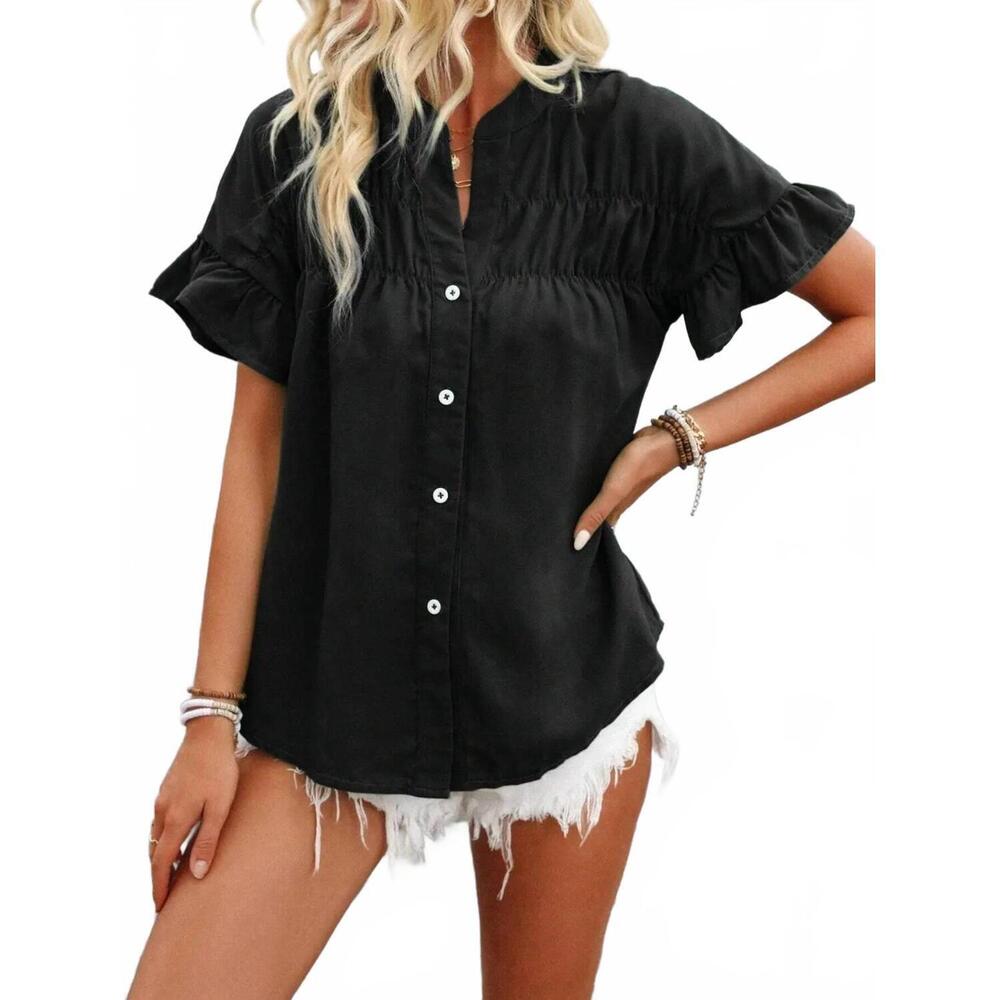 NEW TRENDSI button down ruffled short sleeve shirt in black